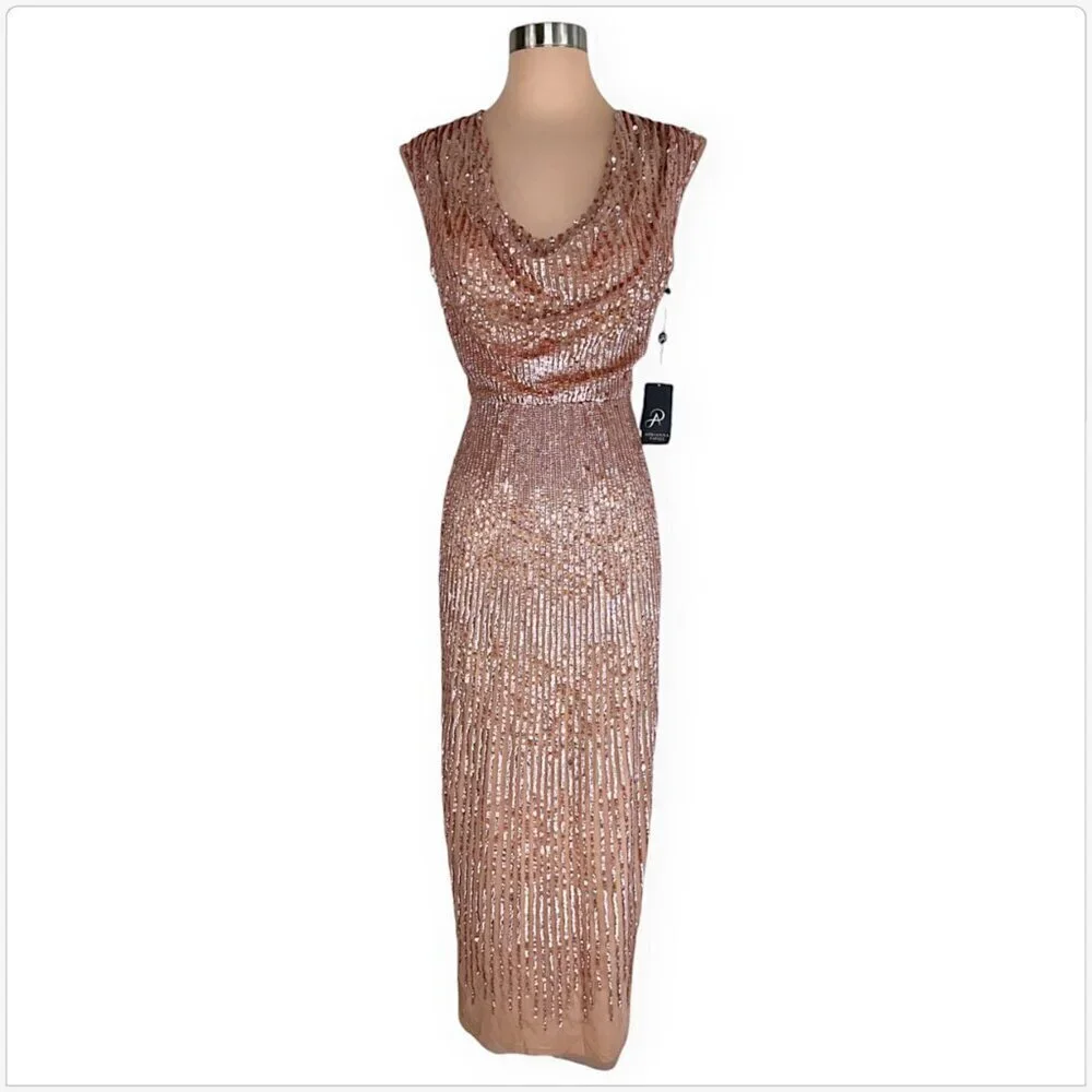 Adrianna Papell Rose Gold Cowl Neck Beaded Sequin Column Gown Dress NWT New 4